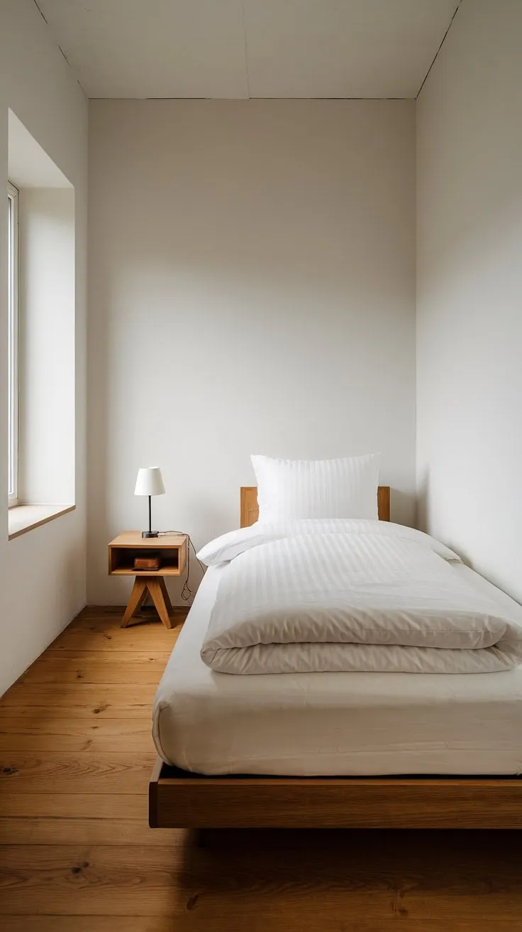 This minimalist bedroom is a testament to the power of intentional living. The clean lines, natural materials, and uncluttered aesthetic promote a sense of calm and serenity. A single bed, a wooden nightstand, and a gentle lamp-everything you need, nothing you don't. A space designed for rest and rejuvenation.
