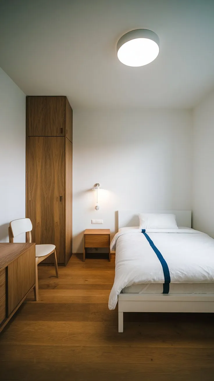 This small bedroom proves that less is truly more. A carefully curated collection of pieces, including a simple white bed with a subtle blue stripe and a wooden nightstand, creates a space that feels both functional and aesthetically pleasing. A haven of calm.