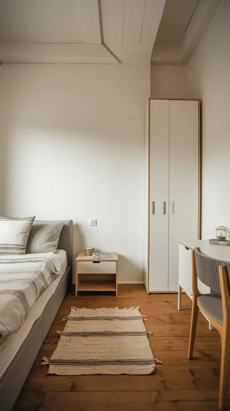 A sanctuary of calm. This minimalist bedroom, with its simple layout and warm wooden floors, proves that less is truly more. A peaceful retreat awaits.