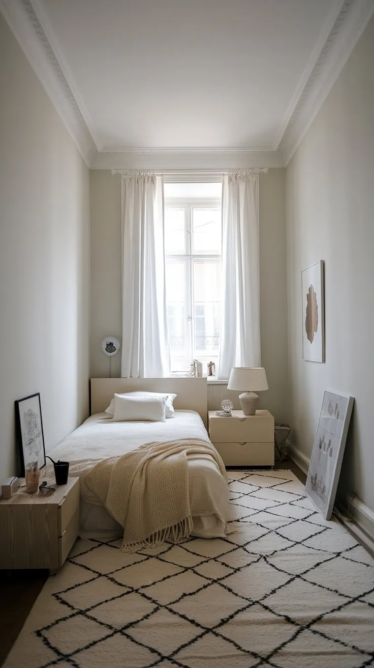 This minimalist bedroom is a testament to the power of intentional design. A carefully curated space, it showcases how a few well-chosen pieces can create a haven of tranquility. A quiet corner for reflection and rejuvenation, it's a space where you can truly unwind.