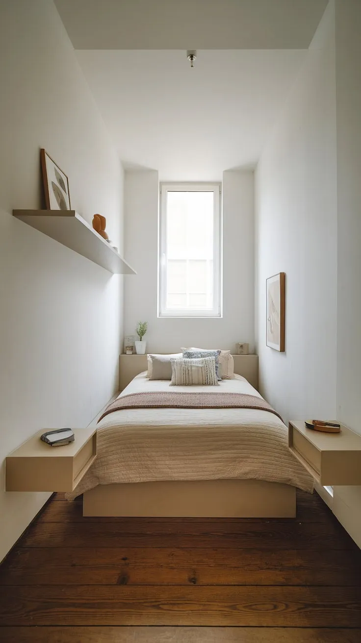 A sanctuary of calm. This small space, cleverly designed with a floating shelf and symmetrical nightstands, maximizes functionality and style. The white walls and natural light enhance the feeling of spaciousness, making it the perfect minimalist retreat. A testament to the beauty of simplicity.