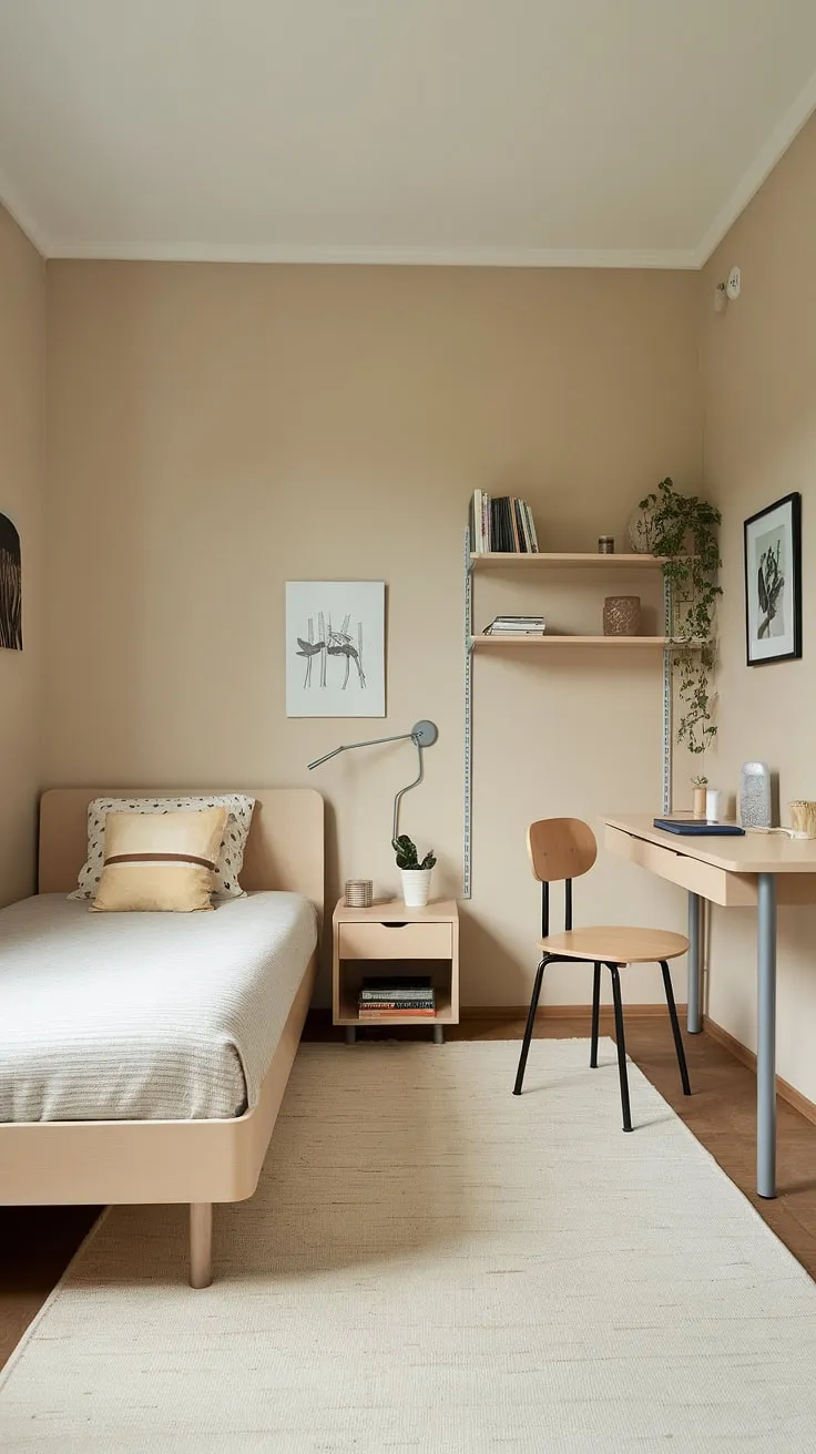 This minimalist bedroom proves that small spaces can be incredibly functional and peaceful. A simple layout, a touch of greenery, and carefully chosen personal items create a calming sanctuary. A perfect blend of comfort and practicality.