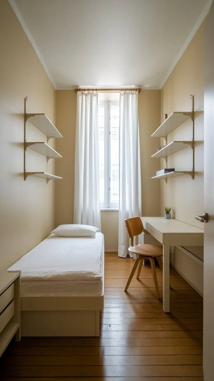 A haven of calm. This minimalist bedroom design showcases how effective space planning and neutral tones can transform a small room into a tranquil sanctuary. The simple furniture and thoughtful storage solutions, including the wall-mounted shelves, maximize functionality and create a sense of airy spaciousness. A testament to the beauty of understated elegance.