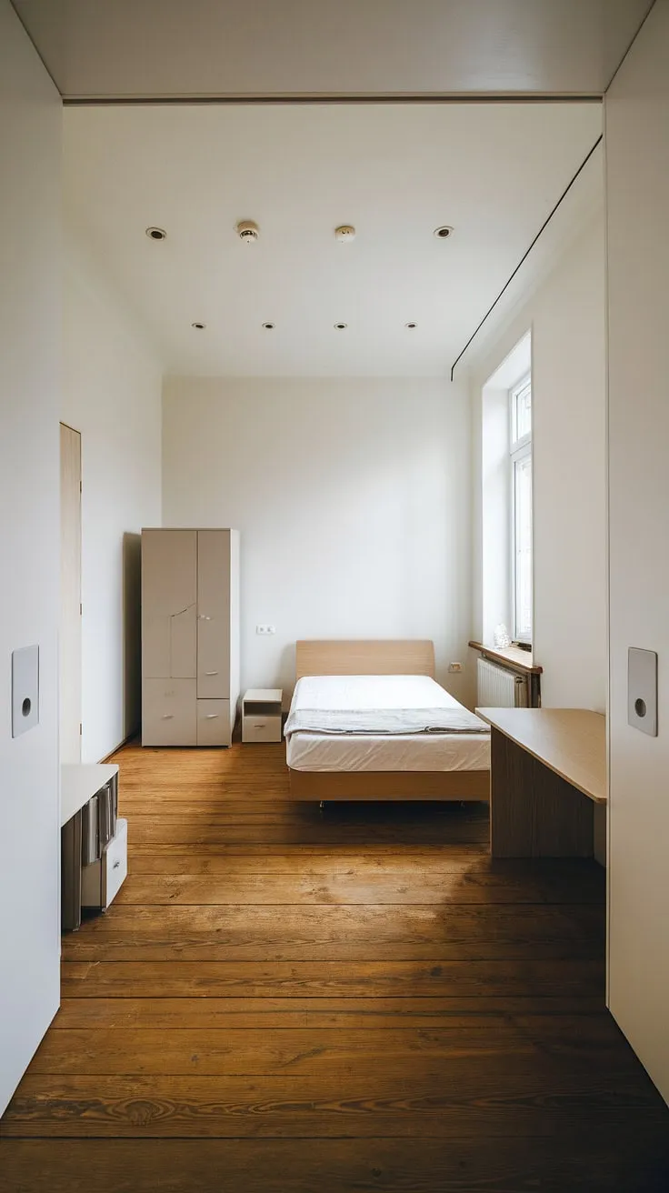 This small bedroom proves that less is truly more. A well-placed bed, desk, and wardrobe maximize space and create a peaceful atmosphere. The natural light and clean lines contribute to a feeling of tranquility and A sense of effortless style.