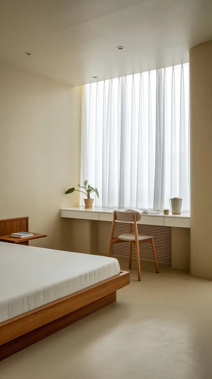 This small bedroom proves that less is truly more. A carefully curated space, featuring a warm wooden bed, a functional workspace, and a touch of nature with the small plant, all contribute to a serene and inviting atmosphere. A perfect example of how thoughtful design can maximize comfort and minimize clutter.