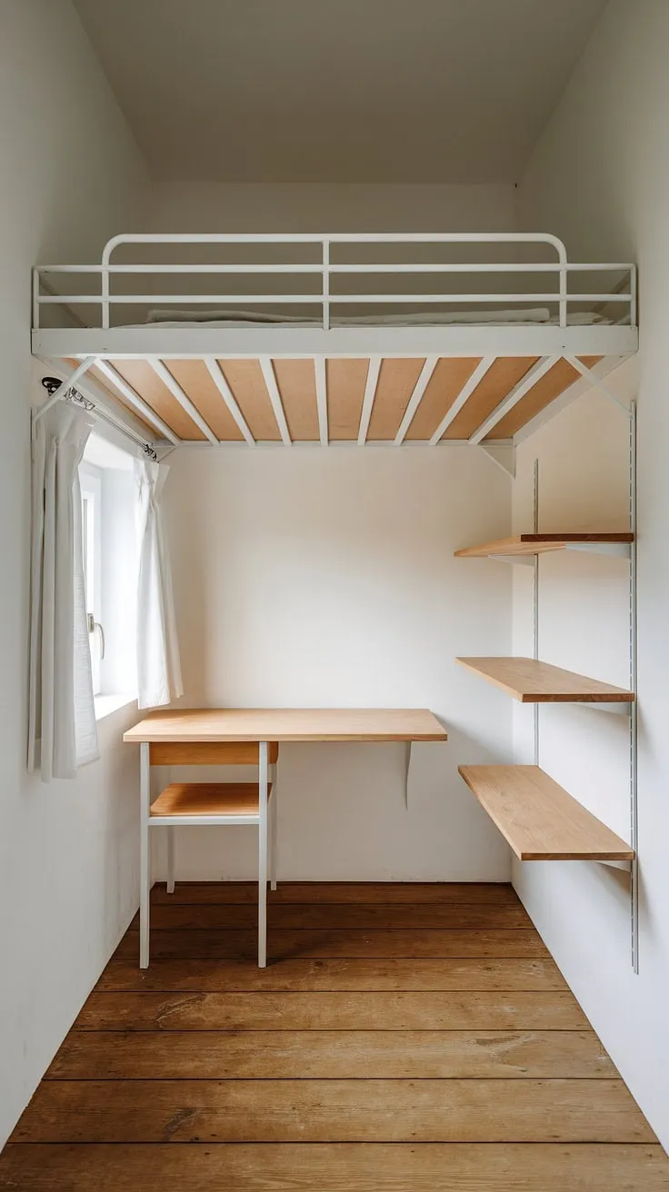 Maximize space and style in this minimalist bedroom. The loft bed frees up floor space for a dedicated workspace and shelving, creating a calm and functional haven. A perfect example of how thoughtful design can transform a small room into a comfortable and efficient living space.