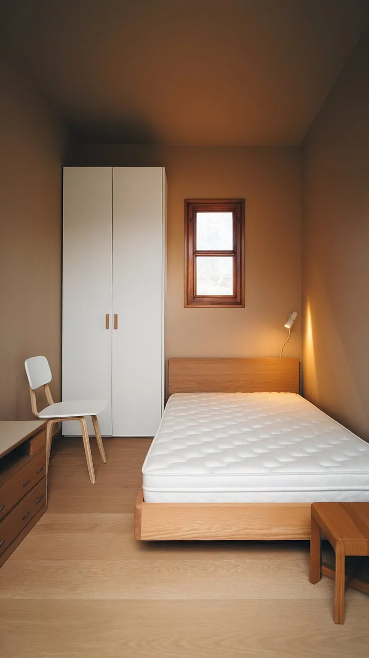 This minimalist bedroom proves that less is truly more. A thoughtfully curated space, featuring a calming color palette and natural materials, offers a sense of serenity and A welcome respite from the everyday. A haven of tranquility.