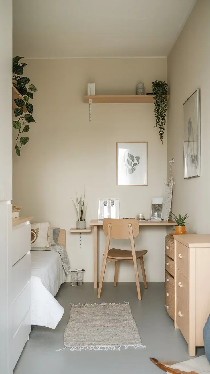 A haven of calm: This minimalist bedroom proves that less is truly more. The space-saving design maximizes comfort and functionality, creating a serene retreat perfect for rest and rejuvenation. A simple desk provides a quiet workspace, while carefully chosen personal touches add warmth and character.