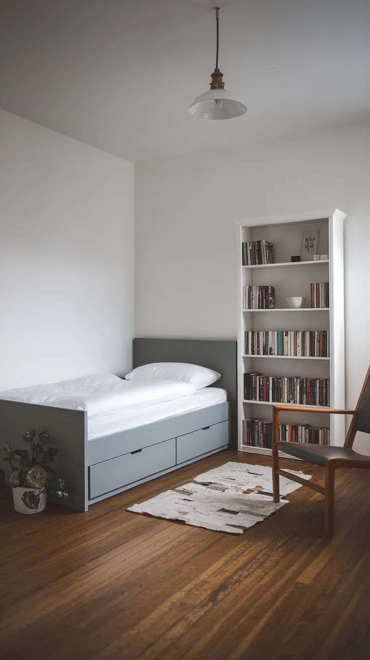 Calm and collected. This minimalist bedroom, with its gray bed and simple white bookshelf, proves that less is truly more. A single plant and wooden chair add warmth to the space, creating a sanctuary for rest and relaxation.