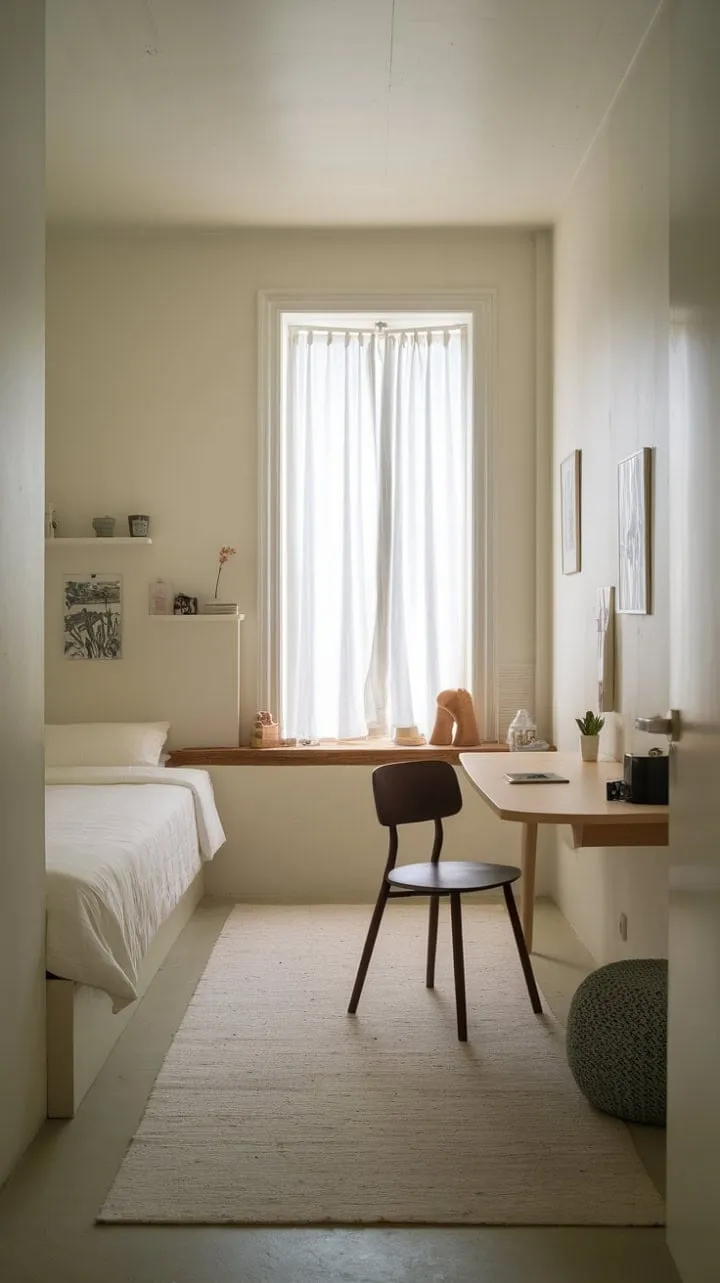This minimalist bedroom embodies tranquility, seamlessly blending simplicity with functionality for the ultimate retreat.