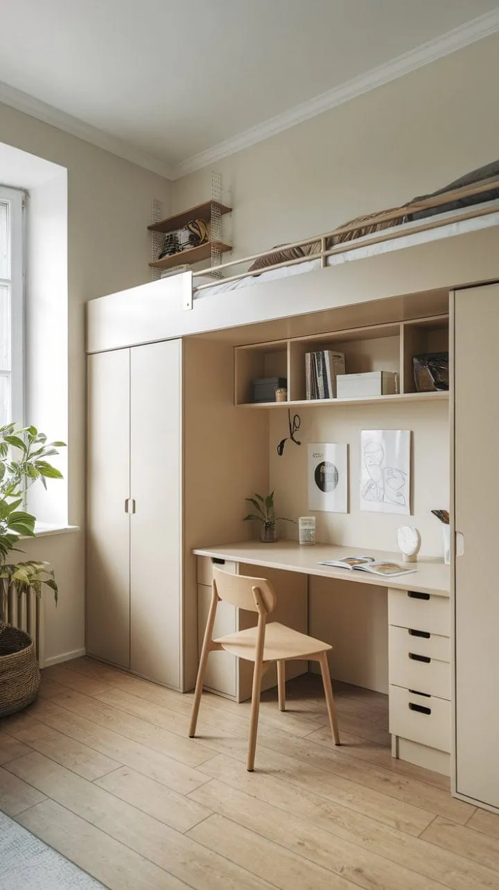 This ingeniously designed bedroom showcases how to blend style and functionality in a small space with built-in storage, a cozy workspace, and natural elements for a stunning, clutter-free retreat.