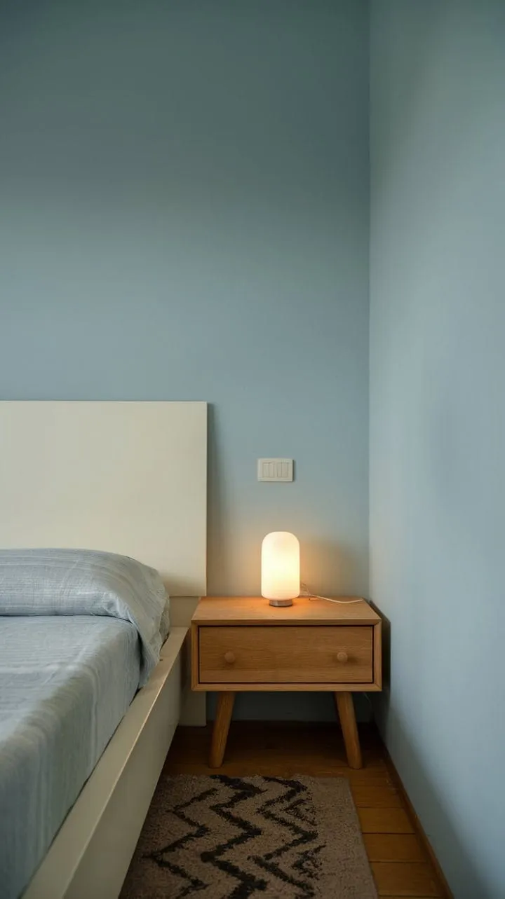 This serene minimalist bedroom, with its soft blue walls and sleek design, beautifully illustrates the power of simplicity in creating a tranquil retreat.