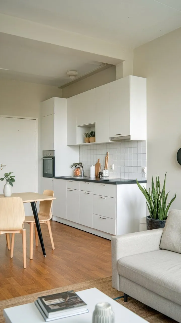 This minimalist studio apartment harmoniously blends sleek design and practicality, featuring a bright white kitchen with striking black countertops in an open layout that creates an unexpectedly spacious feel.