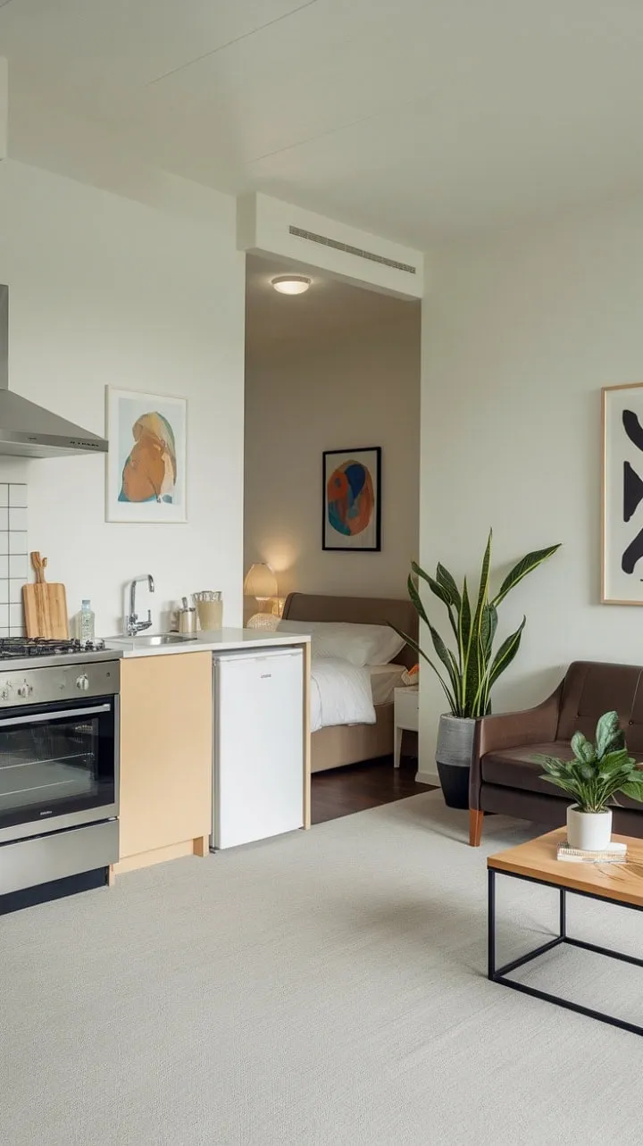 A serene minimalist retreat harmoniously fuses comfort and style, where every detail enhances a tranquil and functional ambiance.