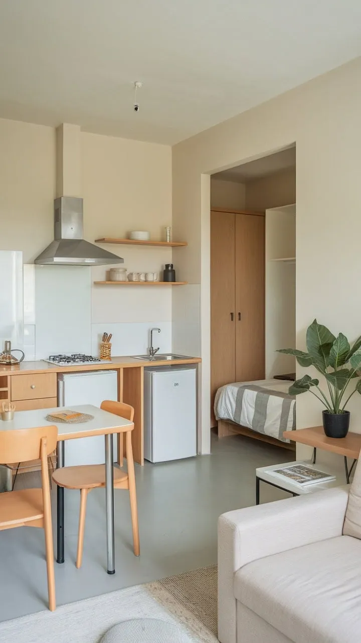 Bathed in sunlight, this airy studio apartment harmoniously combines minimalist design with cozy functionality, creating a serene sanctuary for modern living.