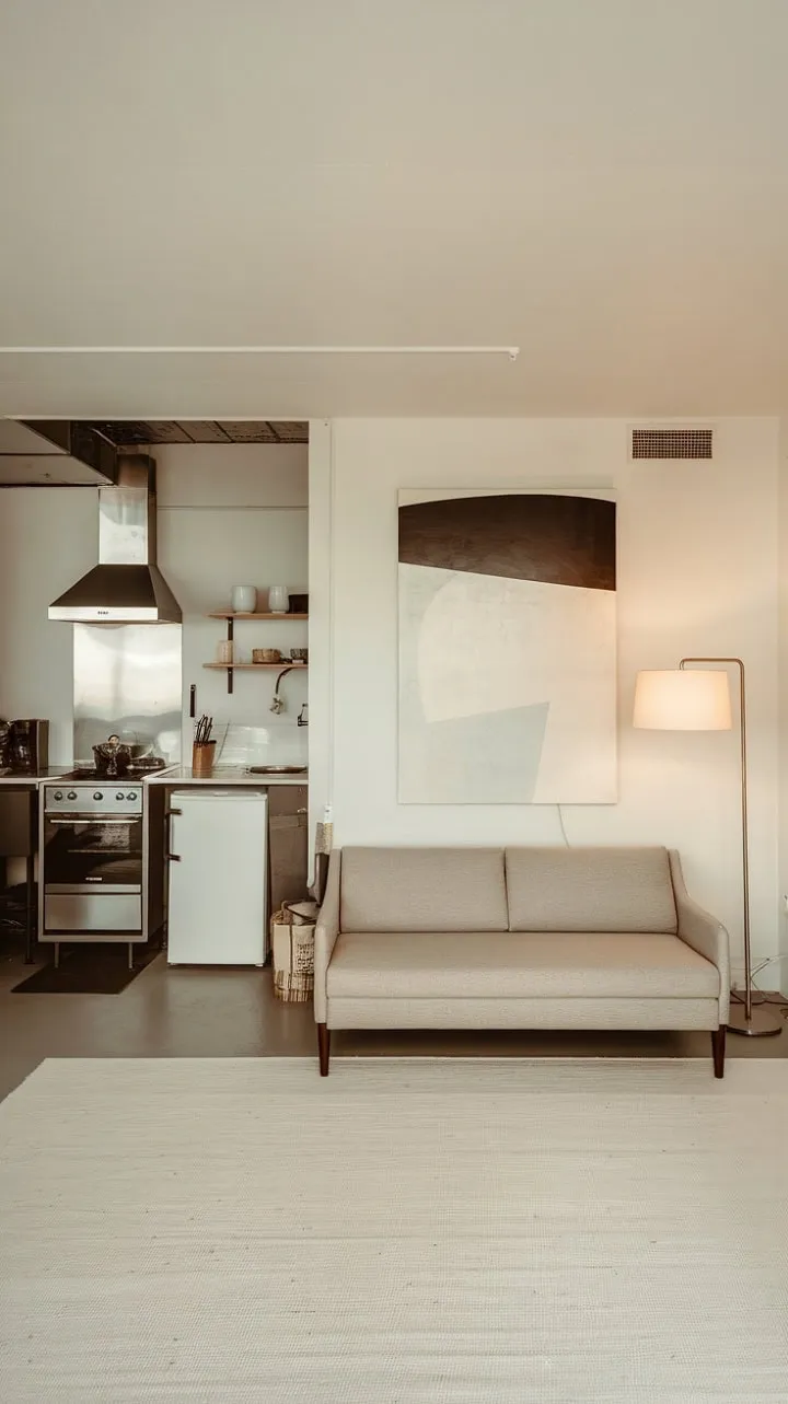This minimalist studio harmoniously combines sleek design and practicality, featuring an open layout and striking abstract art that fosters a serene, stylish retreat.