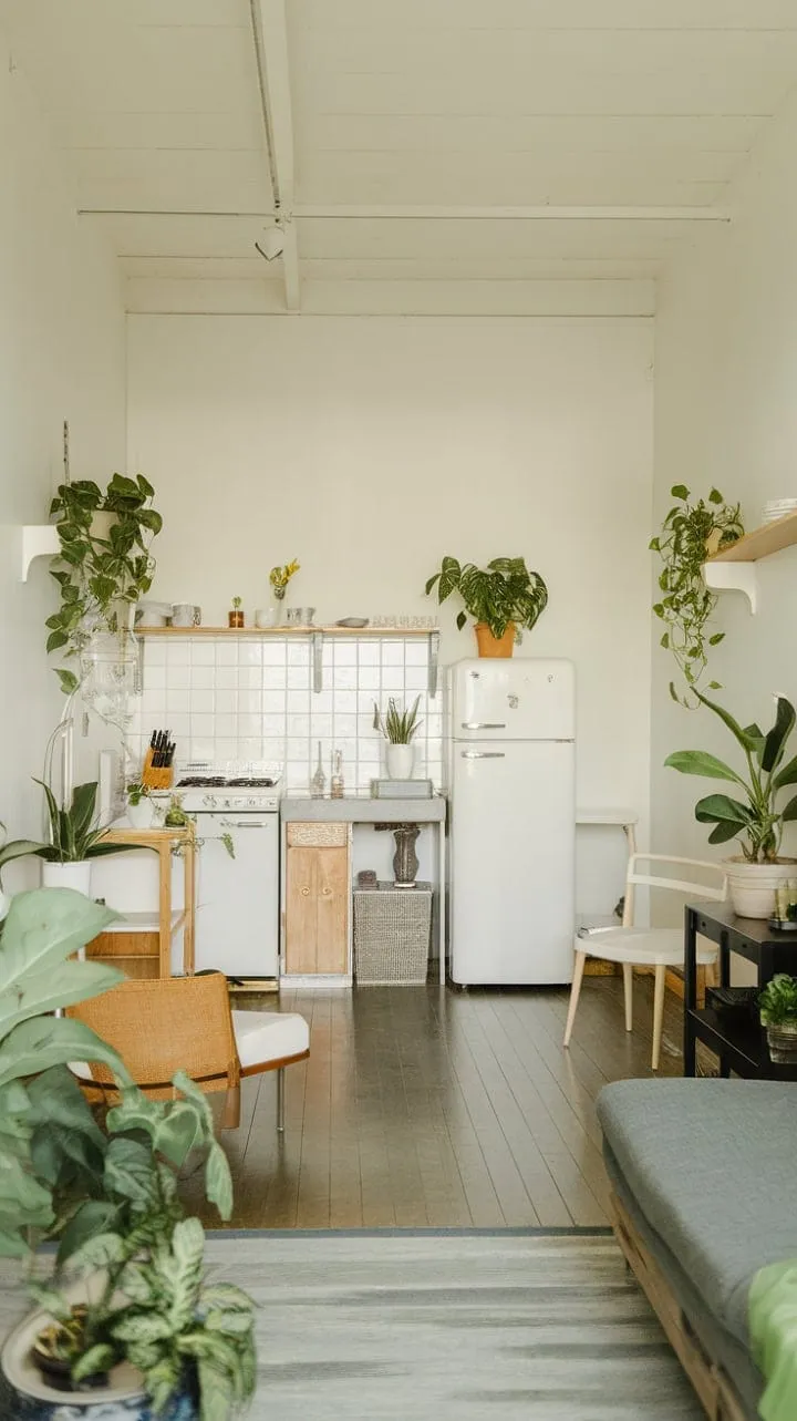 This serene studio apartment harmoniously blends calming greens, warm wood, and clean whites, creating an inviting oasis enriched by thoughtfully placed plants.