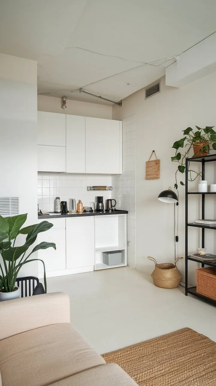 This chic open-plan studio embodies minimalist elegance with its clean lines and striking black accents, proving that less truly can be more.