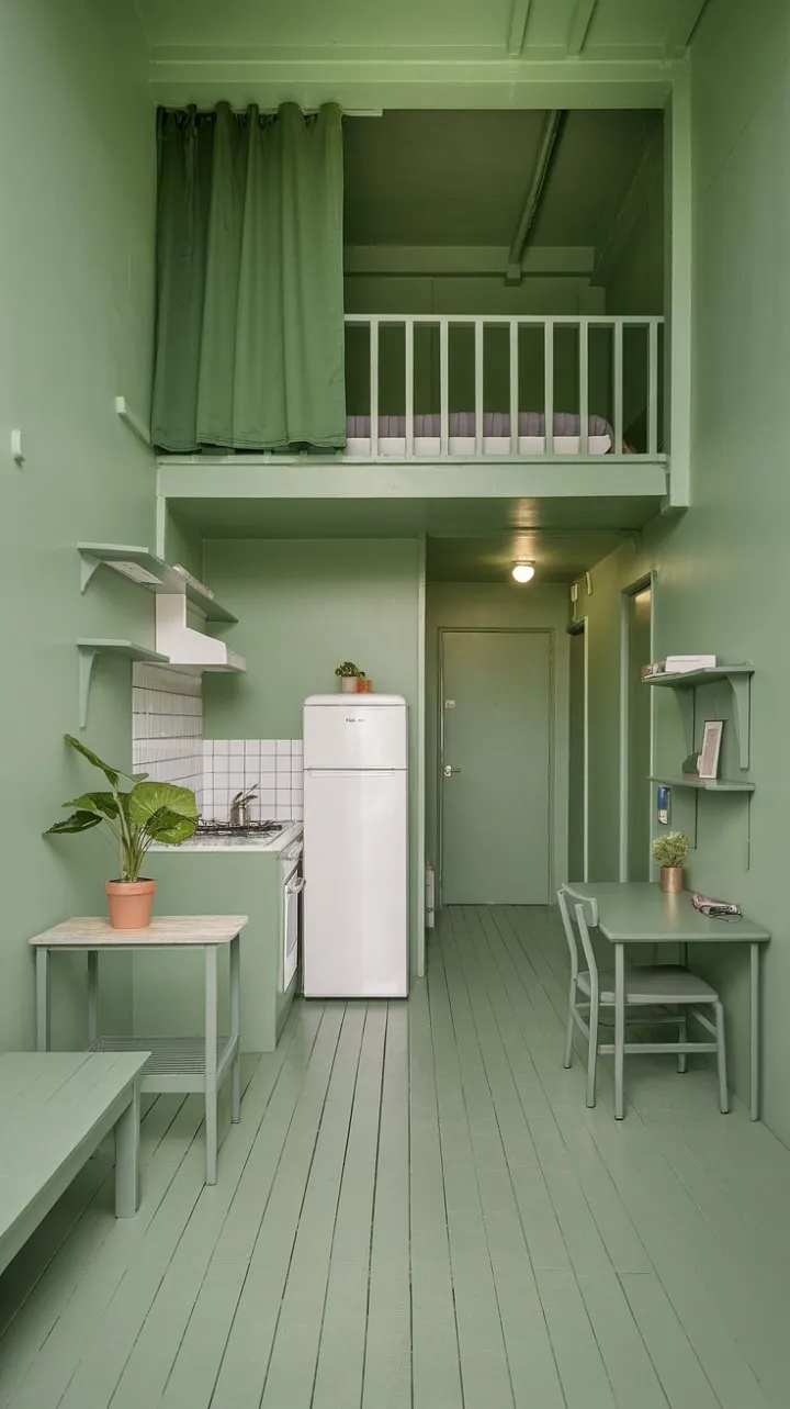 This chic minimalist green oasis showcases how a compact space can be both stylish and functional, with a loft bed and abundant natural light fostering a serene ambiance.