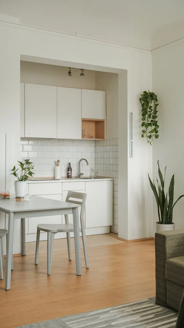 This stylish open-plan studio apartment harmoniously blends cozy living with natural light and greenery, creating a serene retreat perfect for relaxation.