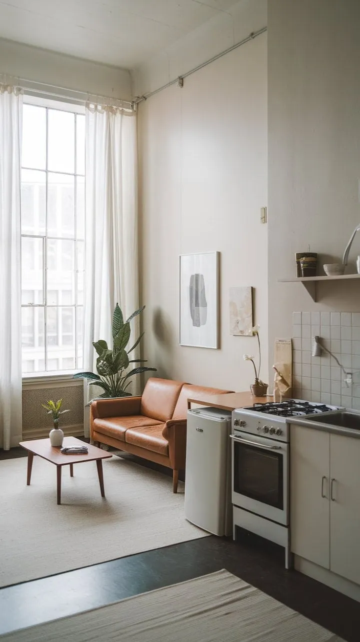 This minimalist studio apartment exemplifies the art of efficient design, where an open layout and light colors create a stylishly spacious haven that proves less is more.