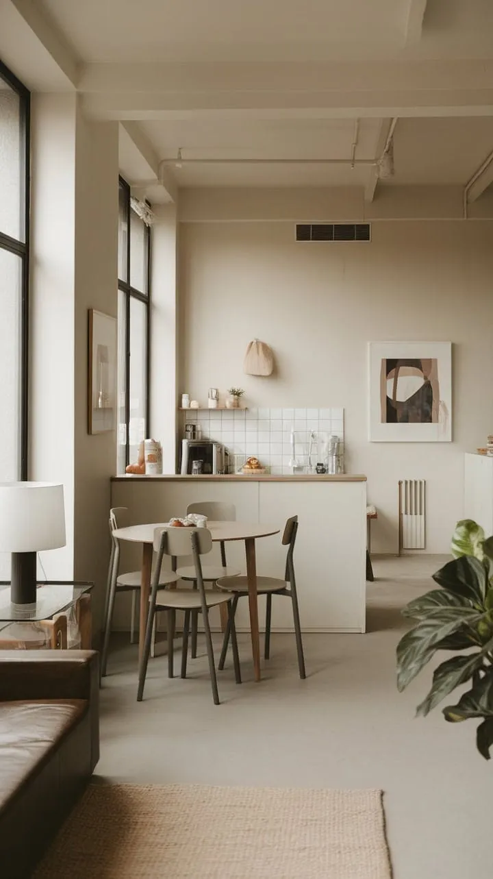 Bathed in sunlight, this minimalist studio harmoniously combines functionality and elegance, creating a serene oasis that feels surprisingly spacious.