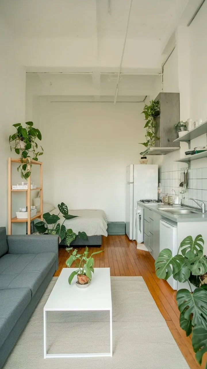 This minimalist studio apartment is a serene sanctuary, harmoniously merging functionality and style with a calming green aesthetic and vibrant plant life.