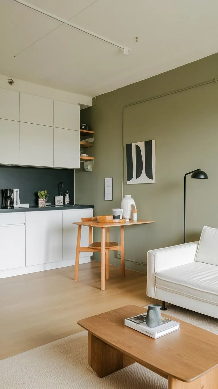 A haven of calm and understated elegance. This studio apartment's open-plan design, featuring a minimalist kitchen and a soothing green accent wall, showcases how thoughtful design can maximize space and create a tranquil retreat. The light wood floors and simple furnishings complete the effortlessly chic aesthetic.
