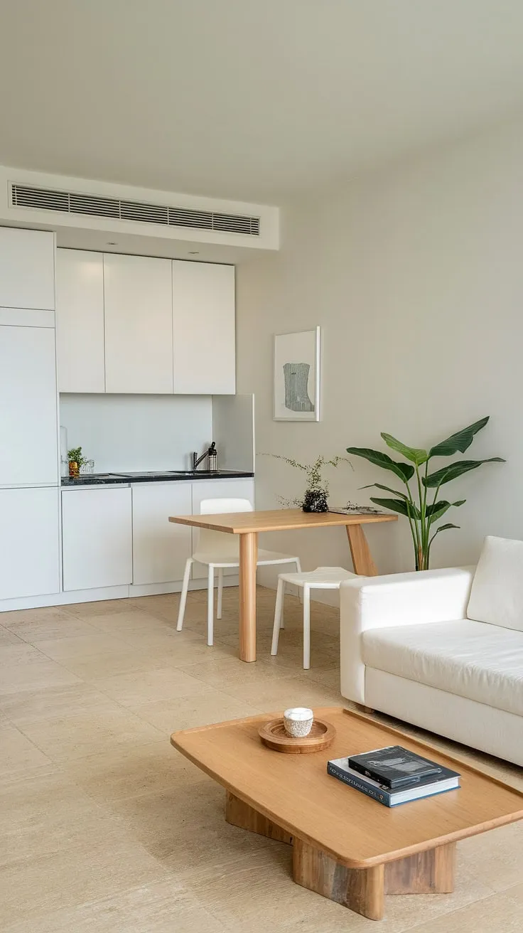 This minimalist studio apartment effortlessly blends functionality and style. The open layout maximizes space, while the white cabinets and black countertops create a clean, modern aesthetic. A touch of greenery and a comfortable sofa complete this serene living space.
