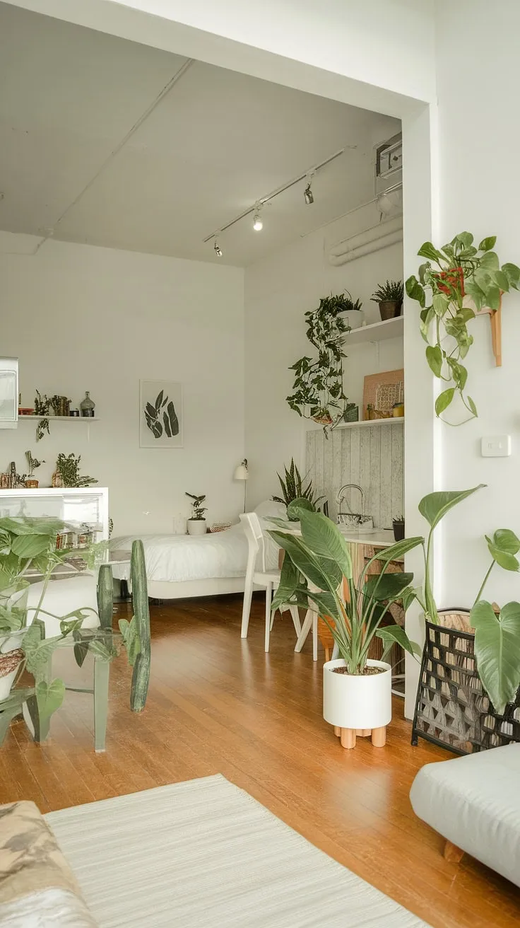 Serene simplicity: This minimalist studio apartment, bathed in natural light and punctuated by vibrant green plants, offers a tranquil escape. The open layout seamlessly blends living, sleeping, and kitchen areas, creating a harmonious and efficient space. A perfect blend of form and function.