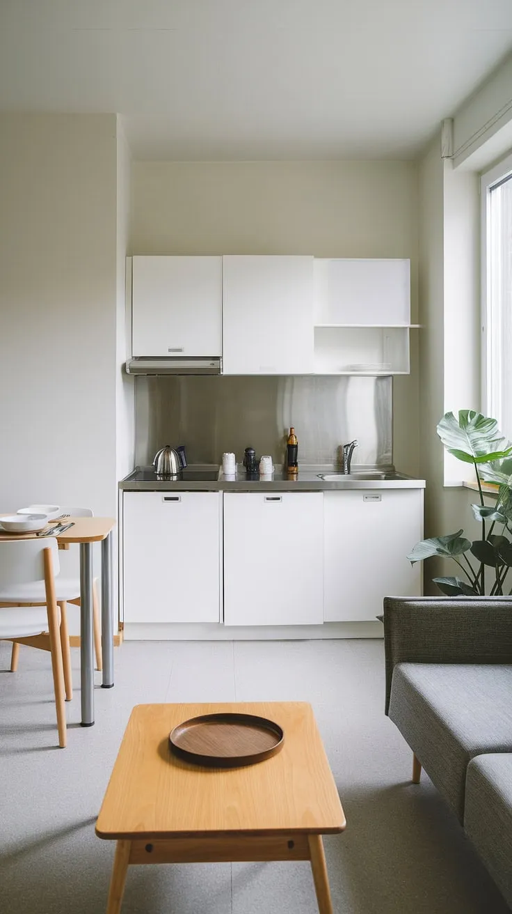 Clean lines and a neutral palette define this inviting studio apartment. The open-plan design flows effortlessly from the compact kitchen to the cozy living area, creating a sense of spaciousness. A touch of greenery adds a vibrant accent to this serene space.
