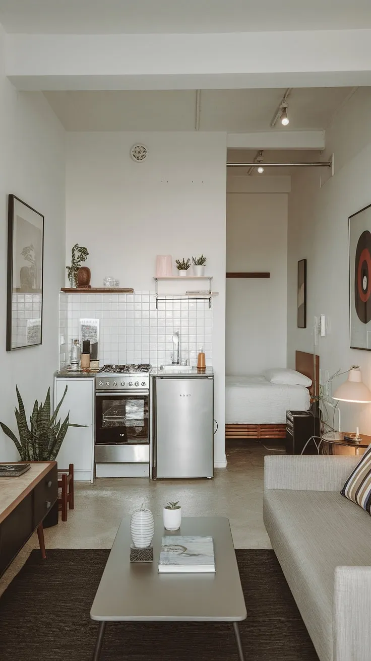 This minimalist studio apartment seamlessly blends functionality and style. The open layout maximizes space, creating a calm and inviting atmosphere. A well-designed kitchen, cozy living area, and comfortable sleeping space all coexist harmoniously, proving that small can be incredibly beautiful.