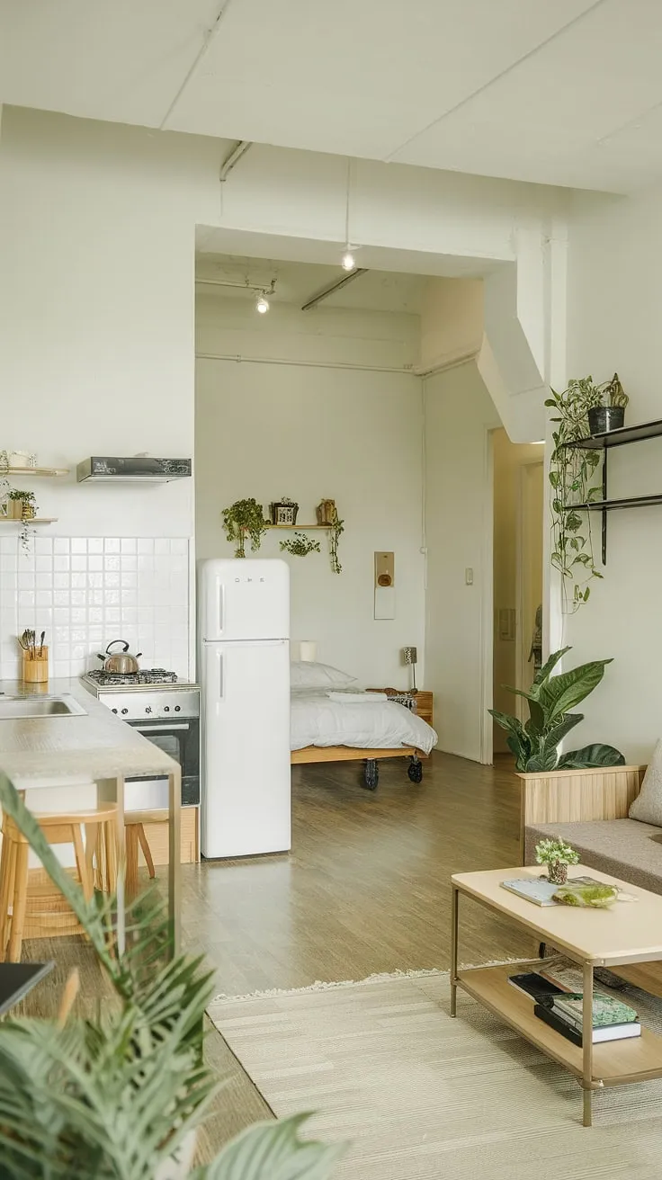 Escape to this tranquil haven. A thoughtfully designed studio apartment, showcasing a calming green aesthetic, offers a harmonious balance between living, sleeping, and cooking areas. The natural light and abundance of plants create a truly peaceful retreat.