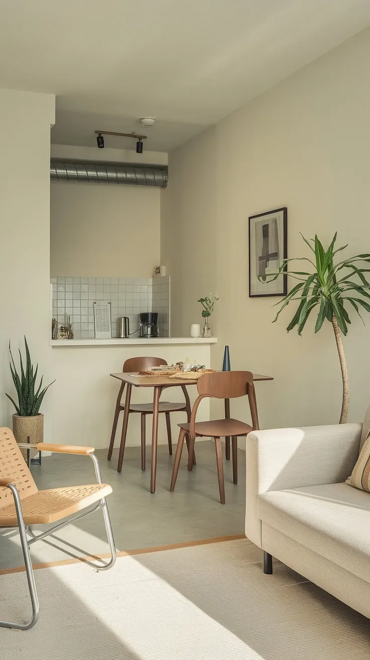 This bright and open studio apartment proves that less is truly more. A carefully curated selection of furniture and a touch of greenery create a calm and inviting atmosphere. The minimalist design maximizes space and natural light, making it the ideal urban retreat.
