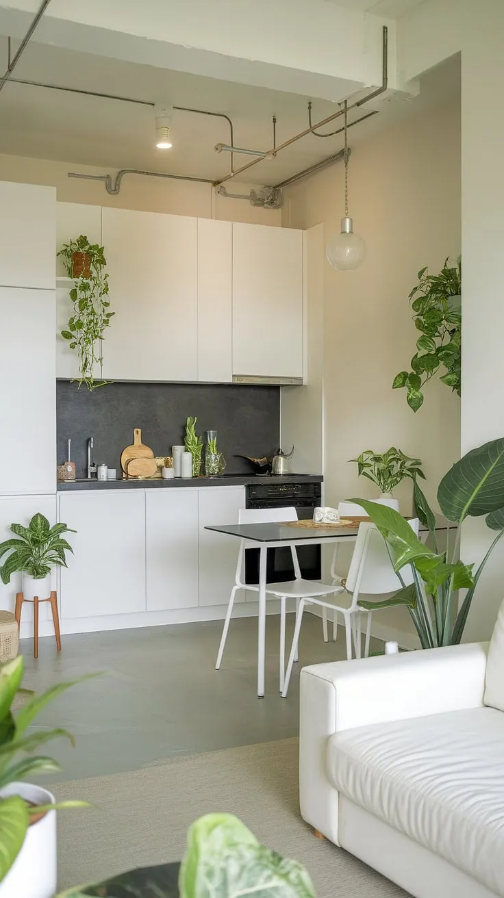 A tranquil oasis in the city. This small but perfectly formed studio apartment showcases the beauty of minimalist design, accented by the soothing presence of lush greenery. The open-plan layout and white color palette create a sense of airy spaciousness, making it a truly inviting and peaceful retreat.