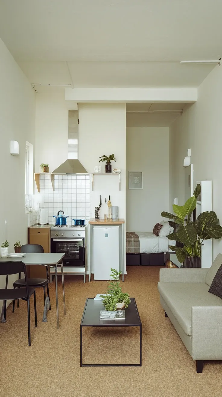 This minimalist studio apartment seamlessly blends functionality and style. The open layout maximizes space, creating a calm and inviting atmosphere, perfect for a peaceful retreat. A well-placed plant adds a touch of nature, enhancing the sense of serenity.