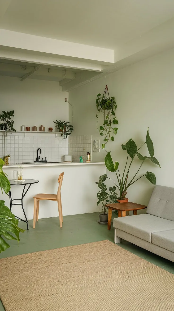 A haven of calm: this small space feels expansive thanks to its minimalist design and the vibrant pops of green from the abundant indoor plants. The open-plan layout and neutral color palette create a sense of airy spaciousness, making it the ideal sanctuary for relaxation and rejuvenation.