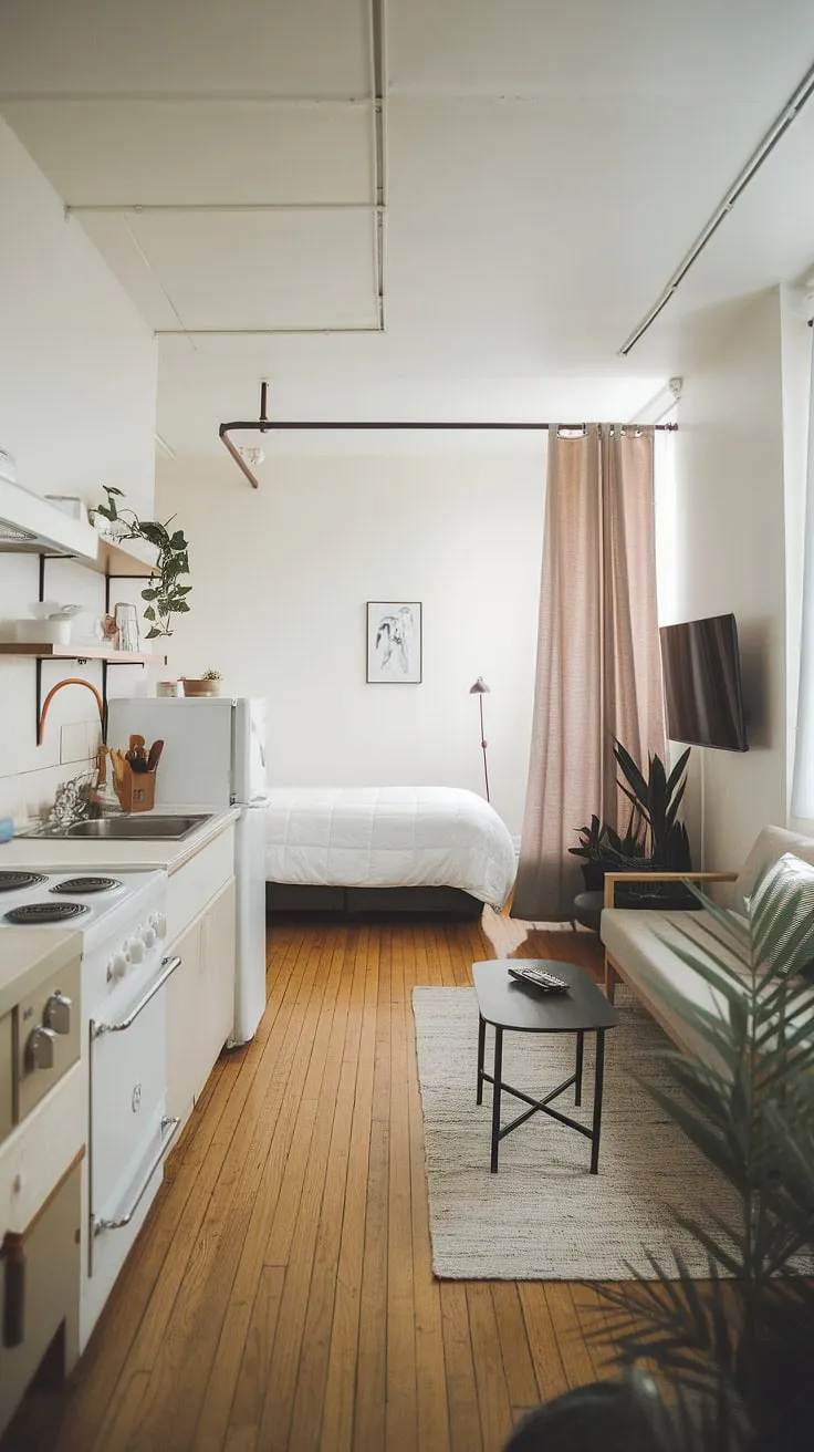 This open-plan studio apartment proves that small can be stunning. The clever use of space, with a well-equipped kitchenette, comfortable sleeping area, and relaxing living space, showcases how thoughtful design can transform a small footprint into a stylish and functional home. A testament to efficient and elegant living.