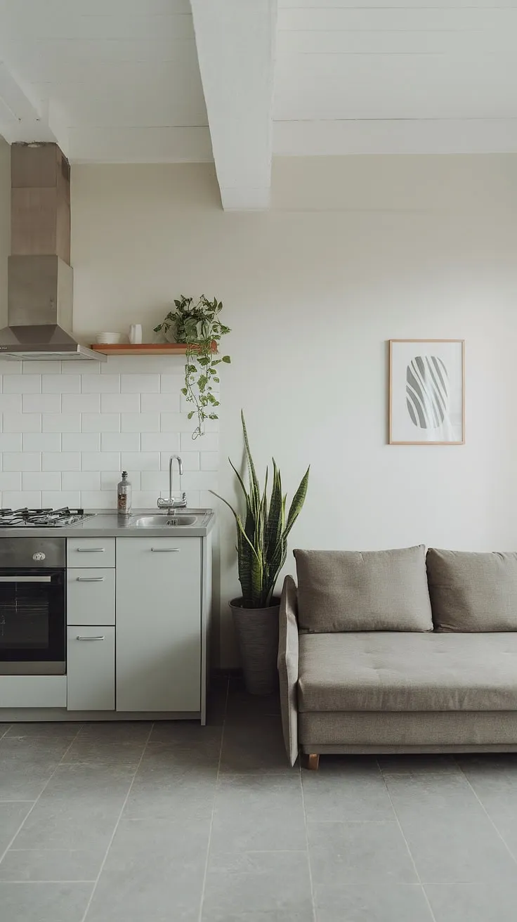 Compact living, maximized style. This minimalist studio effortlessly blends functionality and comfort, proving that a small space can feel incredibly spacious. A well-designed kitchen, a cozy sofa bed, and a touch of greenery create a haven of calm.