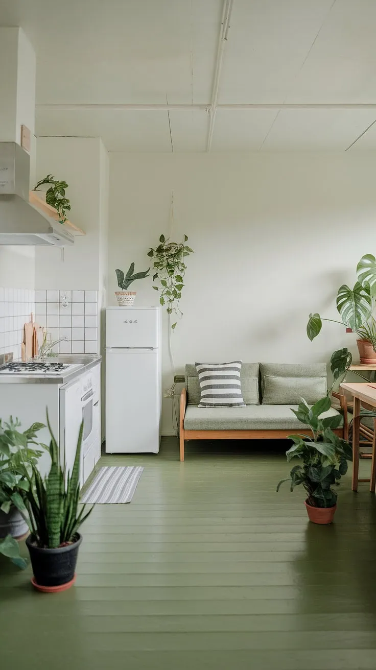 A haven of calm amidst the city's hustle. This compact studio apartment showcases how thoughtful design and a curated selection of greenery can transform a small space into a tranquil and inviting retreat. The open-plan layout and light wood flooring enhance the feeling of spaciousness.
