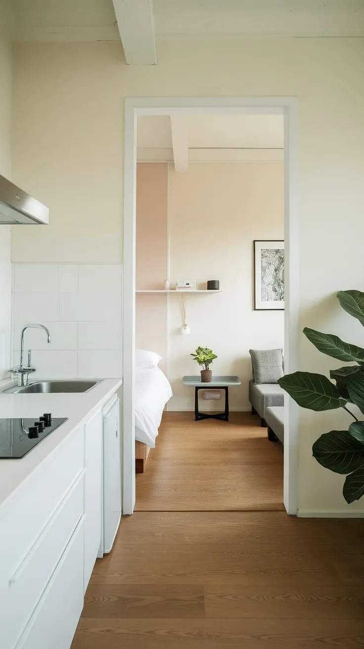 This minimalist studio apartment seamlessly blends functionality and style. The open layout maximizes space, creating a calm and inviting atmosphere, perfect for a modern lifestyle. A touch of greenery adds life to the clean, white walls.