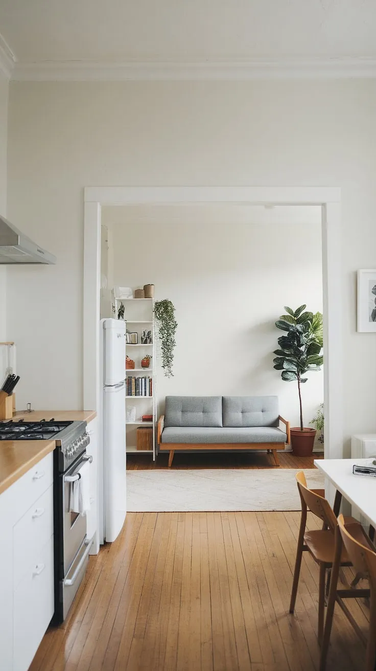 This bright and open studio apartment is a testament to efficient living. The clean lines and simple furnishings create a calm atmosphere, while the strategic placement of A few key pieces maximizes both style and comfort.