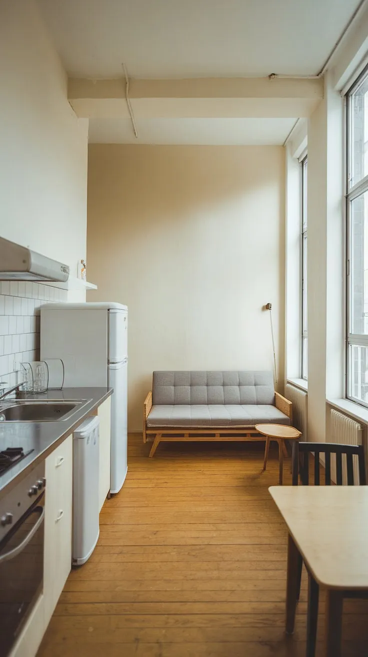 This bright and functional studio apartment proves that small spaces can be stylish and comfortable. The open-plan design, featuring a well-equipped kitchenette and a relaxing sofa bed area, makes the most of every square foot. A haven of calm and efficiency.