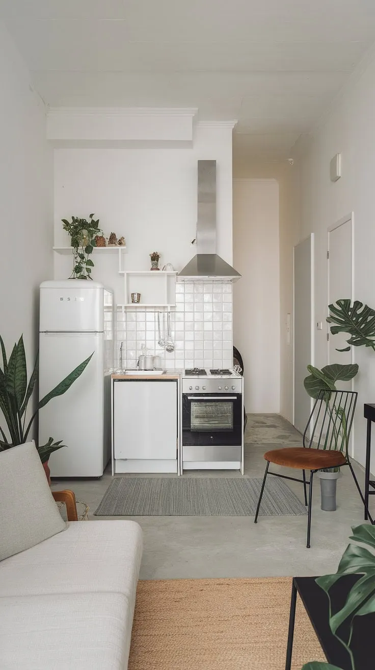 This minimalist studio apartment proves that small can be stunning. The open layout maximizes space, while the carefully chosen furniture and pops of green from the plants create a calm and inviting atmosphere. A perfect blend of functionality and style, it's a testament to how A well-designed space can feel spacious and serene.