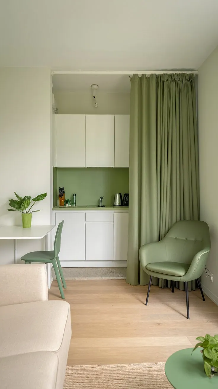 Serene simplicity defines this studio apartment. The calming green accents, from the kitchen countertop to the thoughtfully placed armchair, create a space that feels both stylish and effortlessly inviting. A perfect blend of functionality and tranquility.