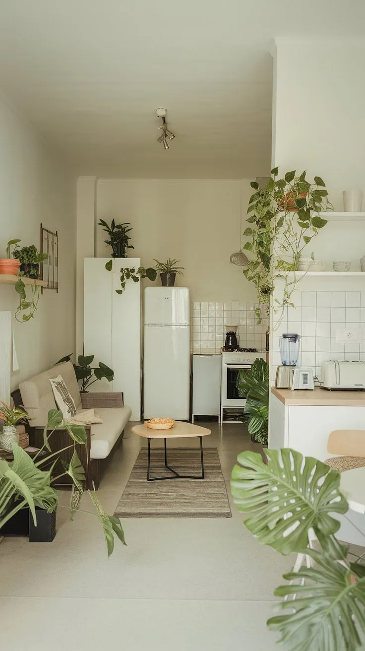 A calming sanctuary awaits. This green-toned studio apartment offers a harmonious balance of functionality and design. The open-plan living space, complete with a well-equipped kitchenette, is perfect for those seeking a tranquil and stylish urban retreat. A testament to how thoughtful design can maximize space and create a truly inviting home.