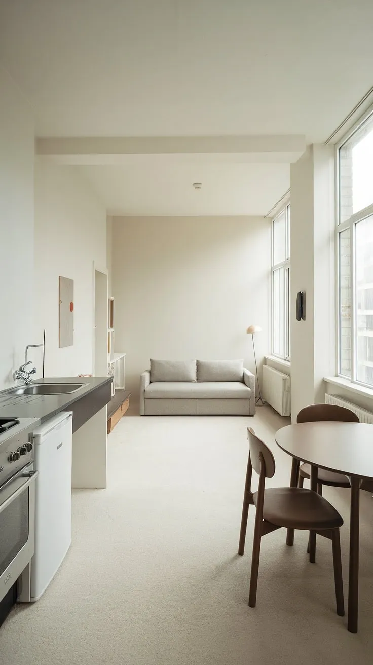 This minimalist studio apartment proves that small can be stunning. The clever use of space, with its integrated kitchen and comfortable seating area, maximizes functionality and creates a calm, inviting ambiance. Natural light floods the room, enhancing the sense of openness and tranquility.