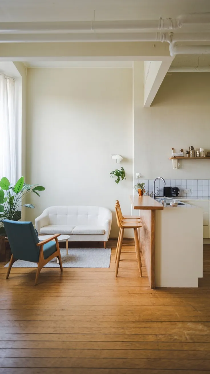 This minimalist studio apartment seamlessly blends living and kitchen areas, creating a bright and airy space. The wooden bar acts as a stylish divider, while pops of blue and green add personality to the neutral palette. A perfect example of efficient and stylish small-space living.