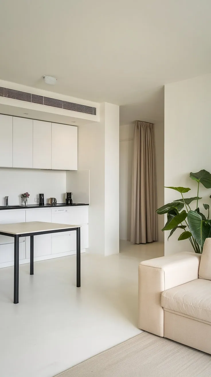 Sunlight streams into this airy minimalist studio, perfectly blending the kitchen's sleek black countertop and white cabinetry with the calming beige sofa and a touch of green. A sense of spaciousness is effortlessly achieved, showcasing how thoughtful design can maximize even the smallest of spaces.