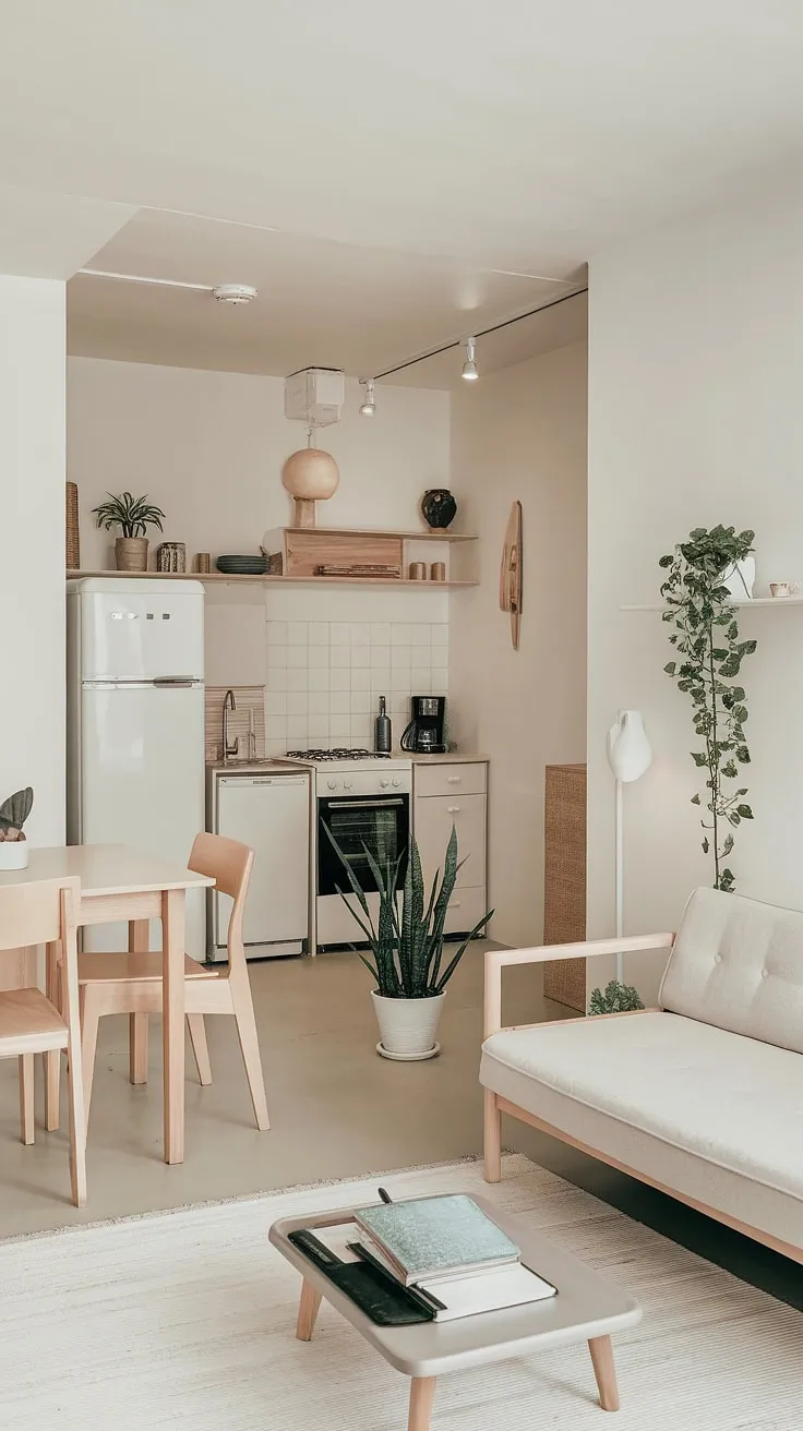This minimalist studio apartment is a testament to efficient and stylish living. The clean lines, light color palette, and thoughtful placement of furniture create a sense of spaciousness and tranquility. A perfect blend of functionality and aesthetic appeal.